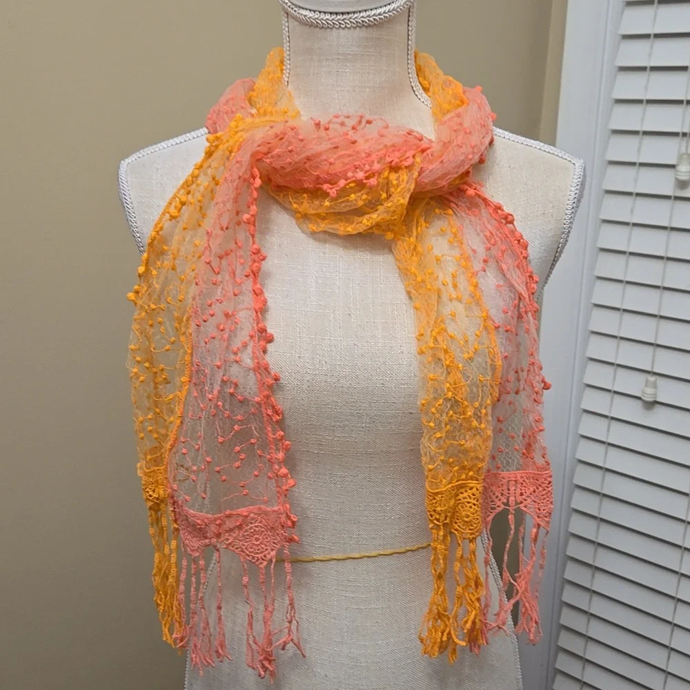 Elegant Peach Pink Sheer Lace Rectangular Scarf fringe end EUC 10